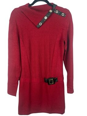 Le Grenier Asymmetrical Faux-Leather Trim Soft Knit Sweater Medium Tunic Dress